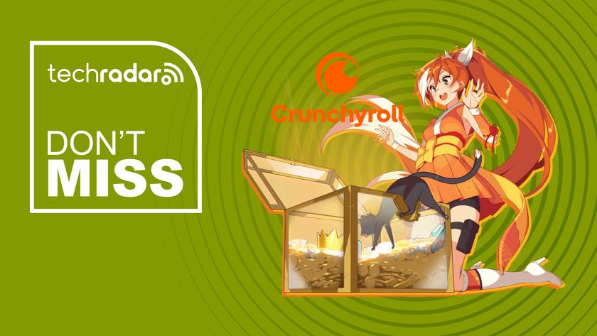 Crunchyroll mascot girl with logo in front of open treasure chest on green background with TechRadar don't miss sign