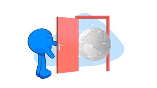 Atlas VPN's mascot ushering an illustrated globe surrounded by a digital network through the front door