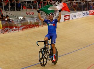 Elia Viviani celebrates his omnium win at the European Championships