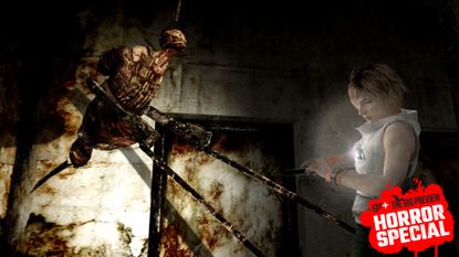 Heather is attacked by a spindly monster in Silent Hill 3, with the Horror Special GamesRadar+ badge