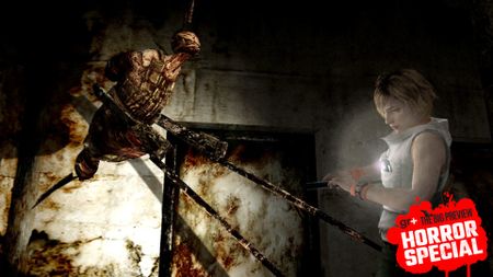Heather is attacked by a spindly monster in Silent Hill 3, with the Horror Special GamesRadar+ badge
