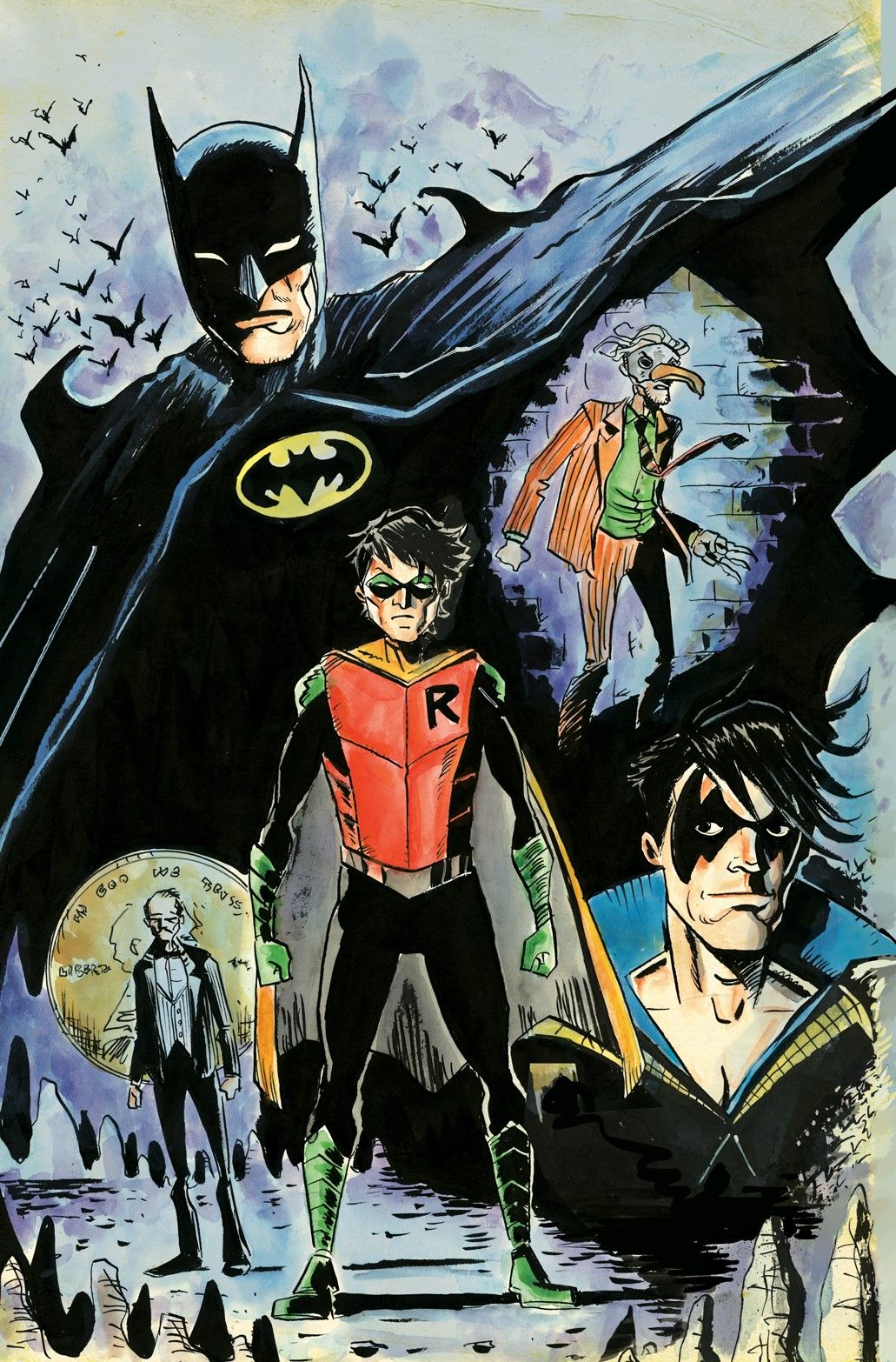 Jeff Lemire's shadowy cover shows Batman, Robin, and several villains.