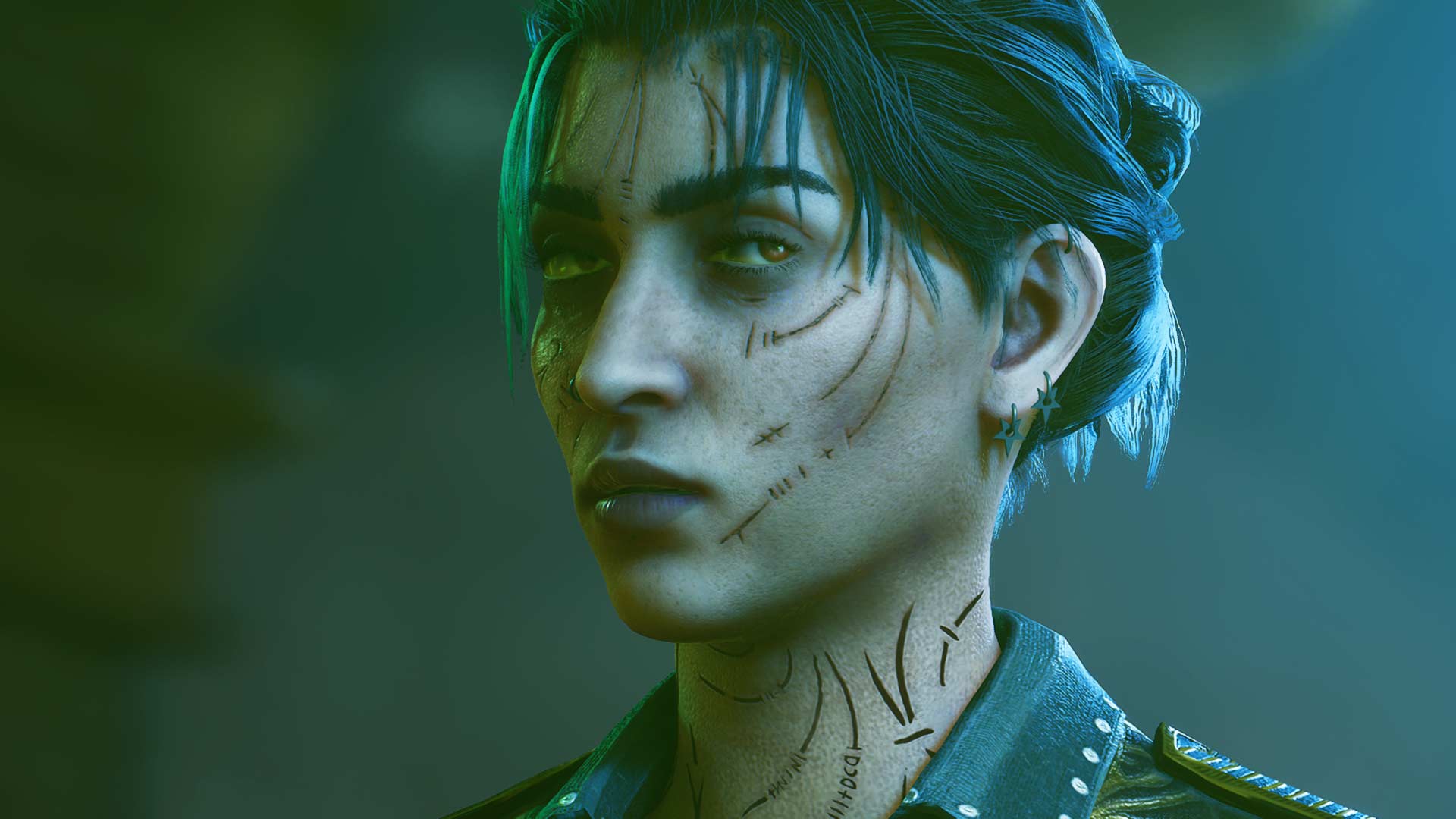 Close-up of the femme version of Bloodlines 2 protagonist Phyre with appearance customizations.