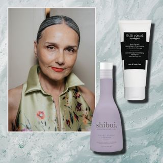 a watery green background with a woman with gray hair and two bottles of shampoo for gray hair