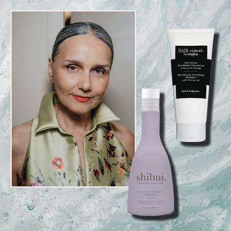 a watery green background with a woman with gray hair and two bottles of shampoo for gray hair
