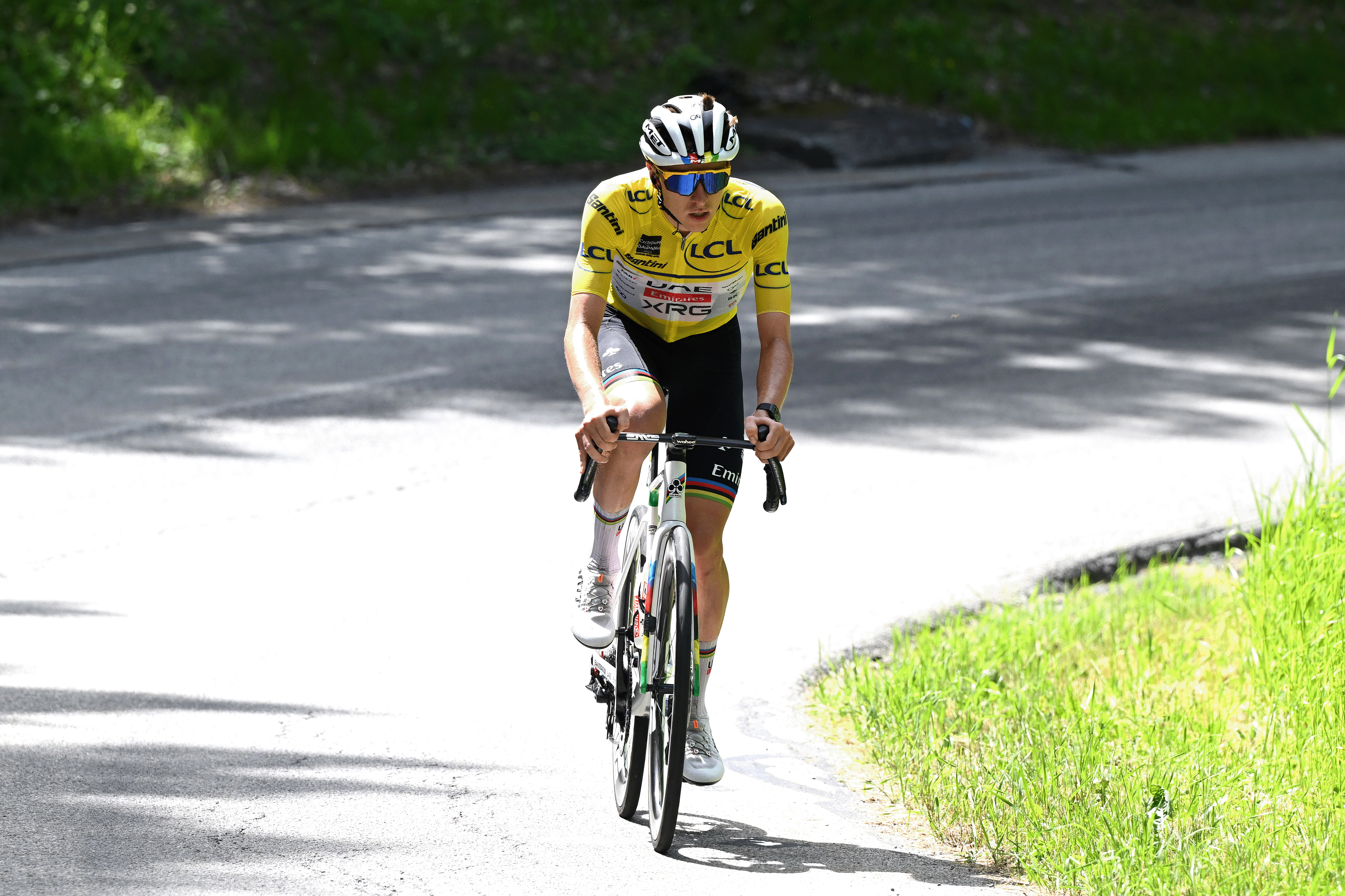 VALMEINIER 1800, FRANCE - JUNE 14: Tadej Pogacar of Slovenia and UAE Team Emirates - XRG - Yellow Leader Jersey attacks during the 77th Criterium du Dauphine 2025, Stage 7 a 131.6km stage from Grand-Algueblanche to Valmeinier 1800 (1830m) / #UCIWT / on June 14, 2025 in Valmeinier 1800, France. (Photo by Dario Belingheri/Getty Images)