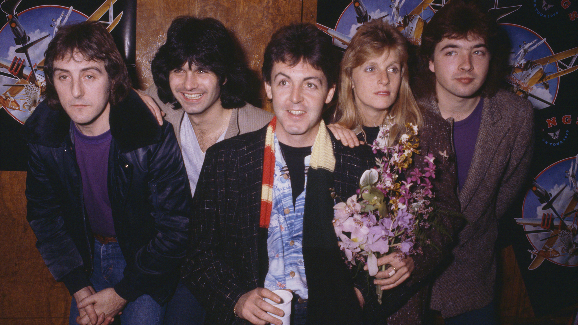 A photo of the final line-up of Paul McCartney and Wings, shot at the Royal Court Theatre, Liverpool, as part of their tour of the UK to promote their newest album &#039;Back To The Egg&#039; in November 1979. (L-R) Rhythm Guitarist-Vocalist Denny Laine (1944 - 2023), lead guitarist Laurence Juber, bassist-vocalist Paul McCartney, keyboard player-vocalist Linda McCartney (1941 - 1998), drummer Steve Holley.