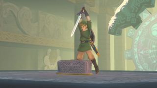 Link plunges the Master Sword into a slab