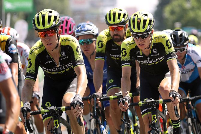 Mitchelton-Scott's Cameron Meyer, Sam Bewley and Jack Haig on stage 3 of the 2018 Tour of Utah
