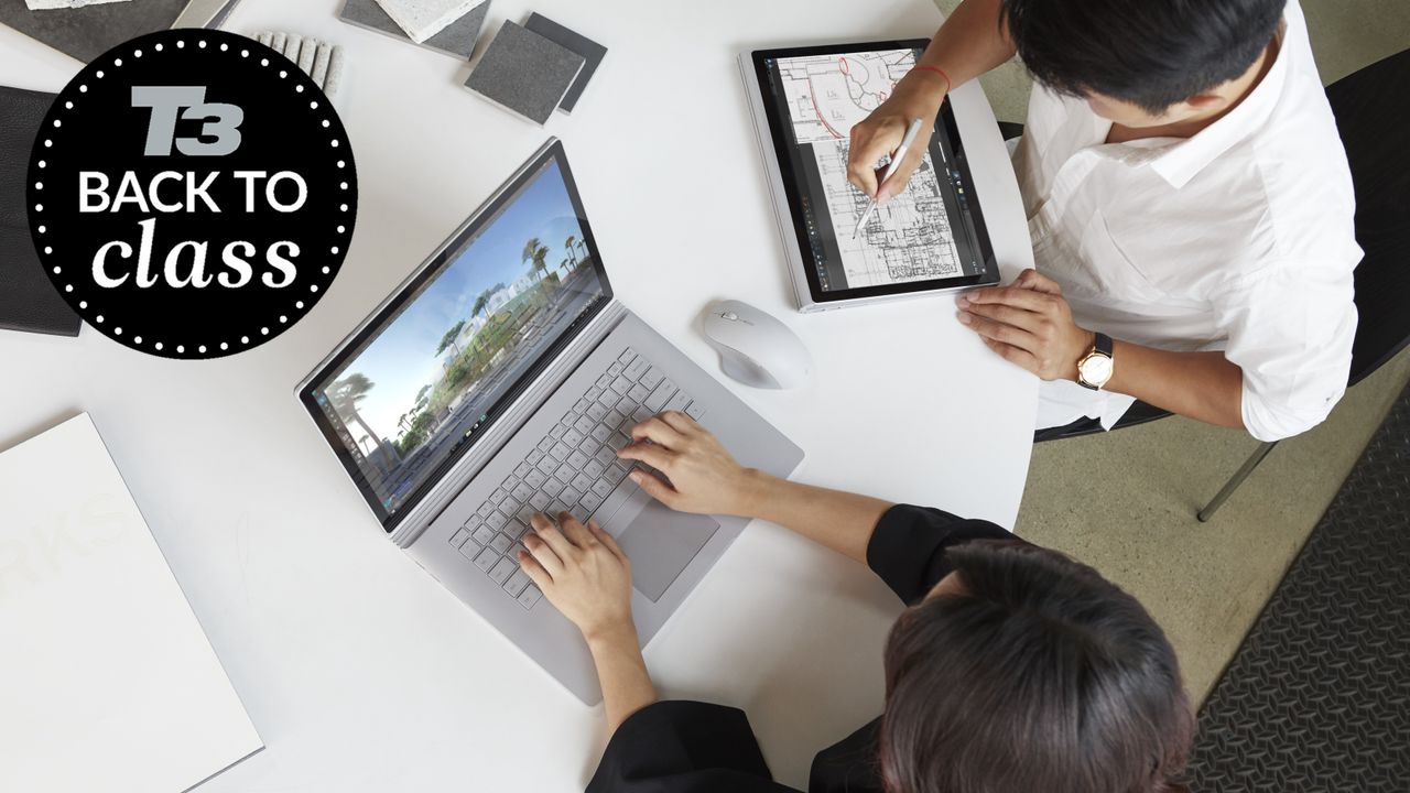 Woman and man using Windows laptops at a desk