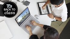 Woman and man using Windows laptops at a desk