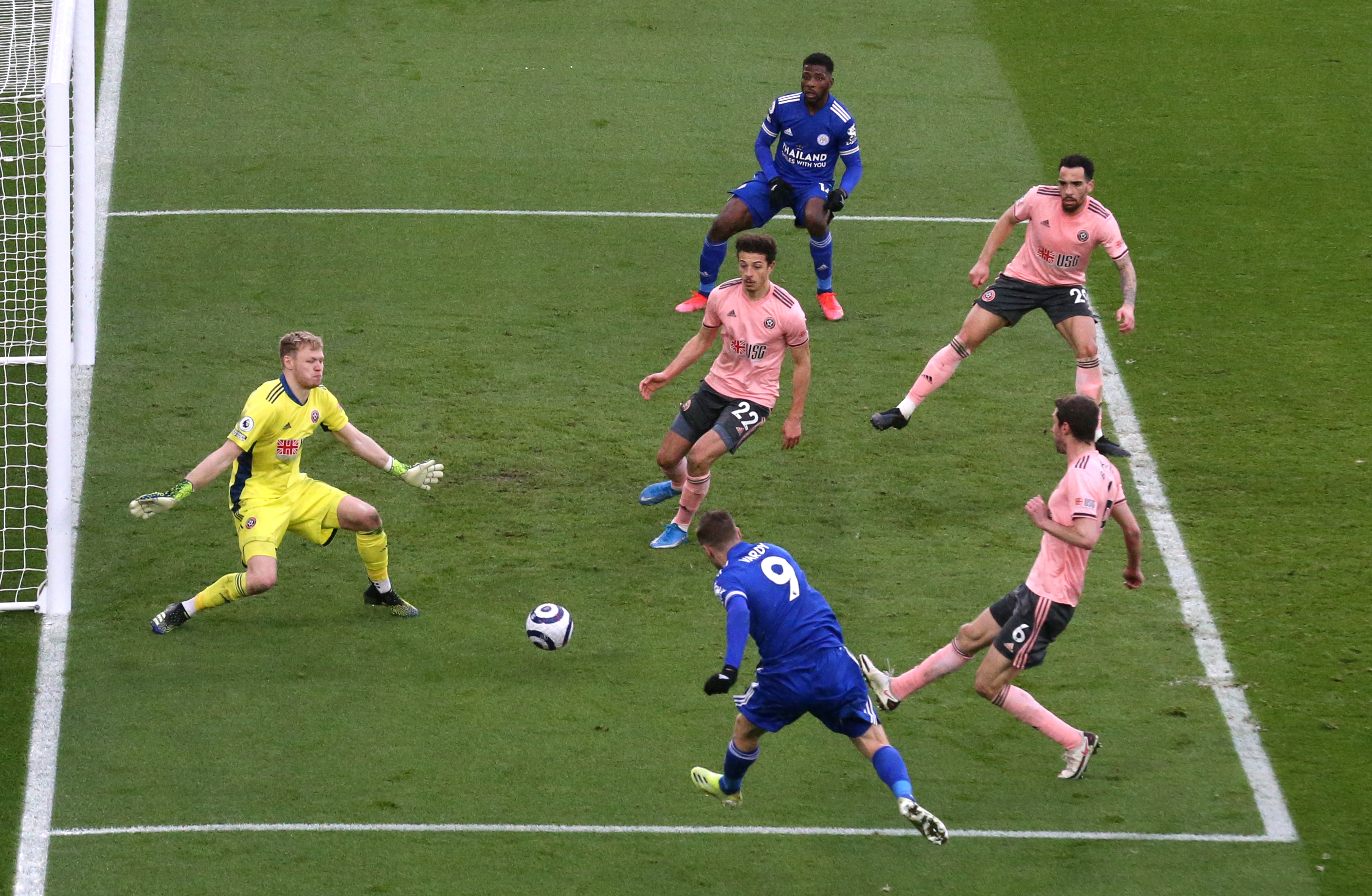 Jamie Vardy shoots across goal