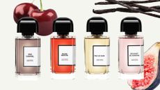 A collage of four BDK Parfums, including product shots of the Gris Charnel, Rouge Smoking, Pas Ce Soir and Bouquet de Hongrie scents, on a cream template with cherry, fig and vanilla stock images to illustrate some of the notes within the perfumes.