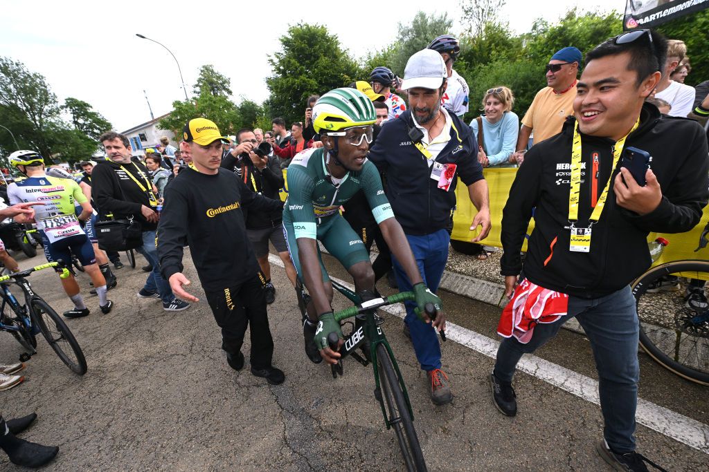 COLOMBEYLESDEUXEGLISES FRANCE JULY 06 Stage winner Biniam Girmay of Eritrea and Team Intermarche Wanty Green Sprint Jersey reacts after the 111th Tour de France 2024 Stage 8 a 1834km stage from SemurenAuxois to ColombeylesDeuxEglises 352m UCIWT on July 06 2024 in ColombeylesDeuxEglises France Photo by Dario BelingheriGetty Images