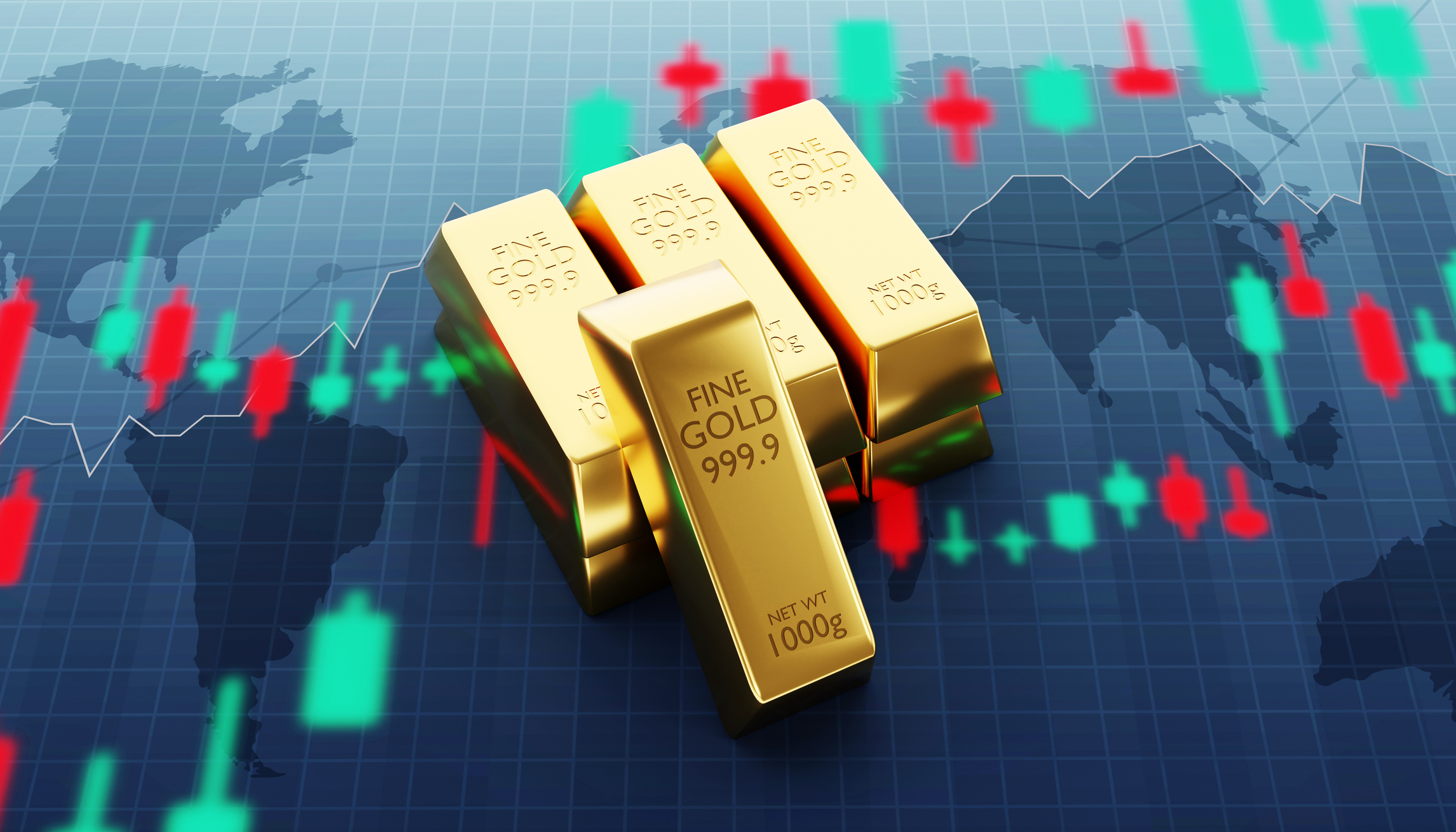 gold bars with price chart overlayed over world map