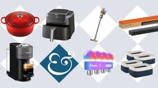 Le Creuset dish, Ninja air fryer, Dyson cordless vacuum, Fire TV Soundbar Plus, Nespresso coffee maker, Govee smart bulbs, and OIAHOMY storage baskets compiled on tile background with Homes & Gardens '&' logo.