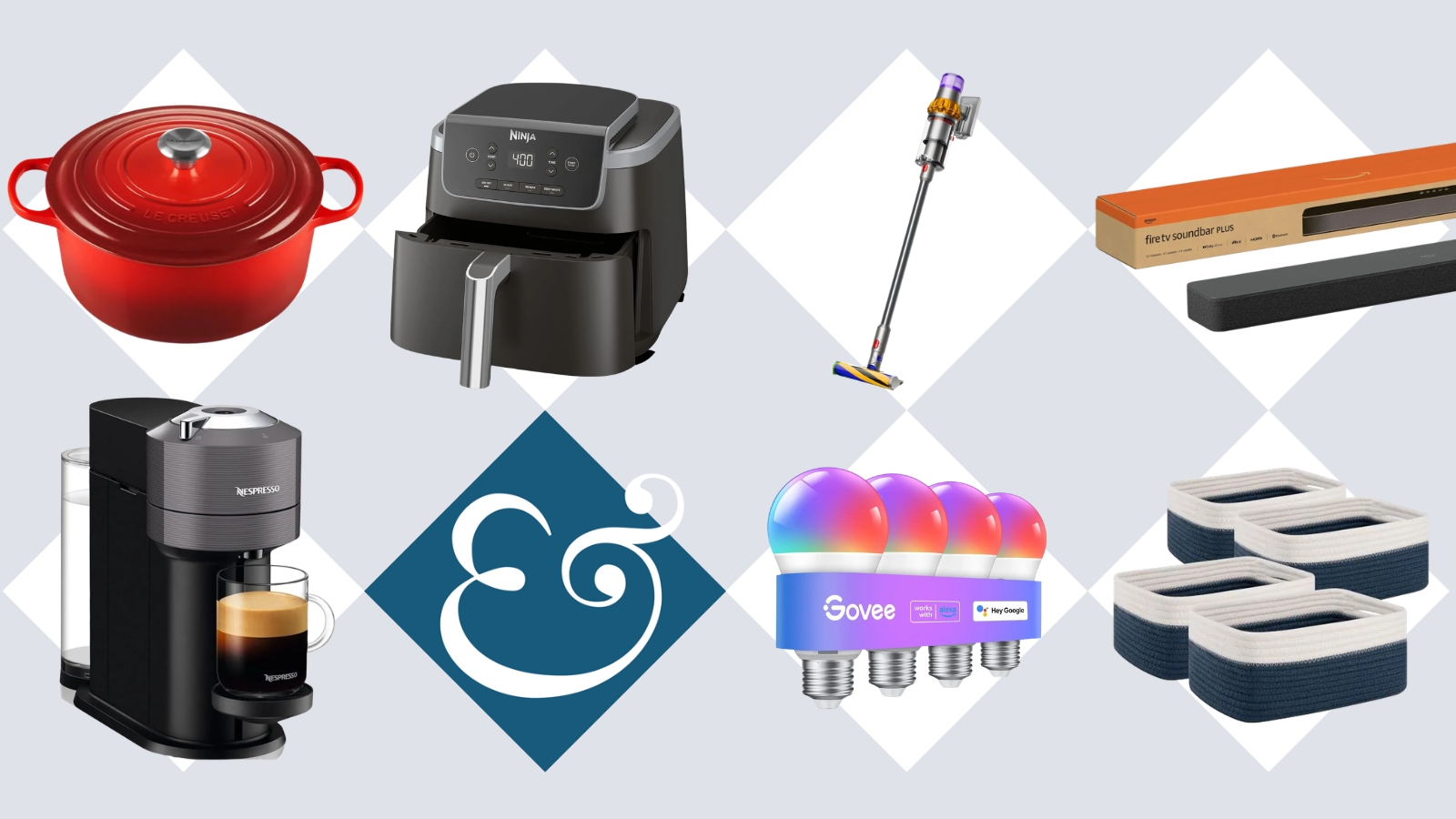 Le Creuset dish, Ninja air fryer, Dyson cordless vacuum, Fire TV Soundbar Plus, Nespresso coffee maker, Govee smart bulbs, and OIAHOMY storage baskets compiled on tile background with Homes &amp; Gardens '&amp;' logo.