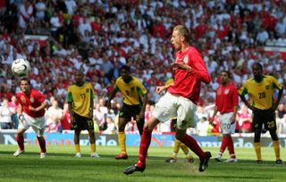 Peter Crouch misses a penalty in England's friendly against Jamaica ahead of the 2006 World Cup.