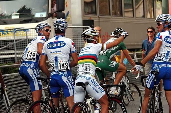 The Quick Step team celebrates after Wouter Weylandt's win.