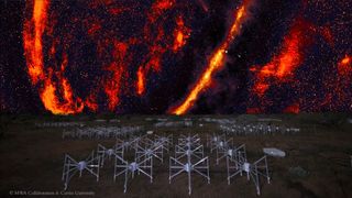 a set of telescopes on tha ground up in tha dark. above be a set of bandz up in tha sky up in red, representin radio wavelengths