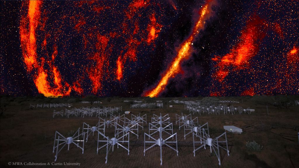 a set of telescopes on the ground in the dark. above is a set of bands in the sky in red, representing radio wavelengths