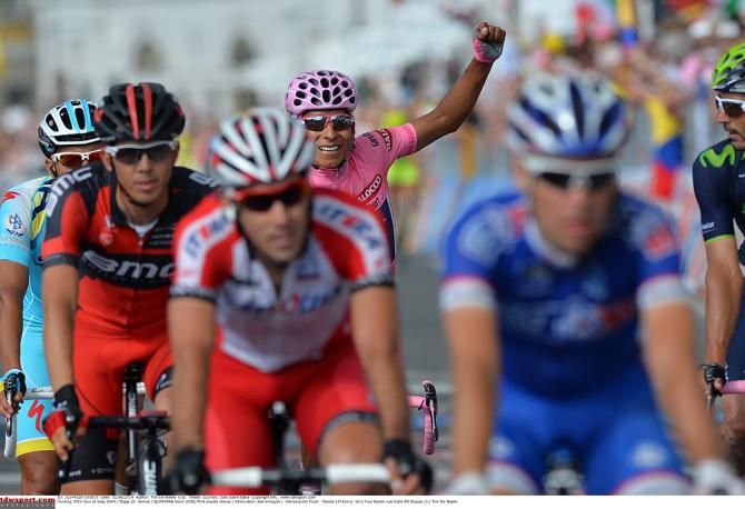 Nairo Quintana (Movistar) celebrates at the back