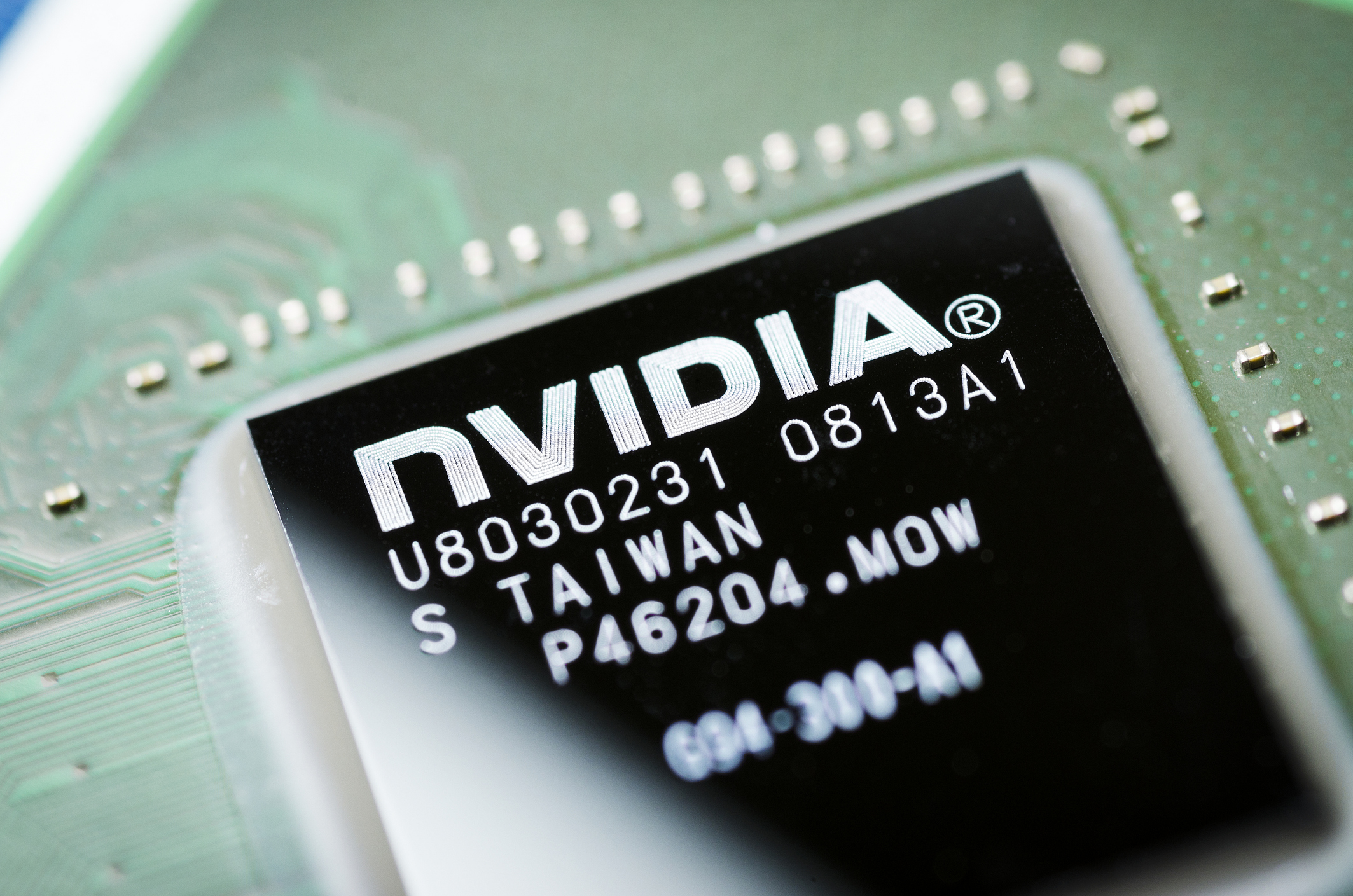 Close-up of a Nvidia microchip on a motherboard
