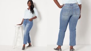 faded washed jeans from QVC on a curvy model