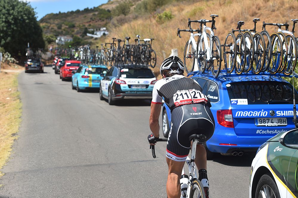 Fabian Cancellara (Trek Factory Racing) drops back to the medical car on stage 3 of the Vuelta a Espana