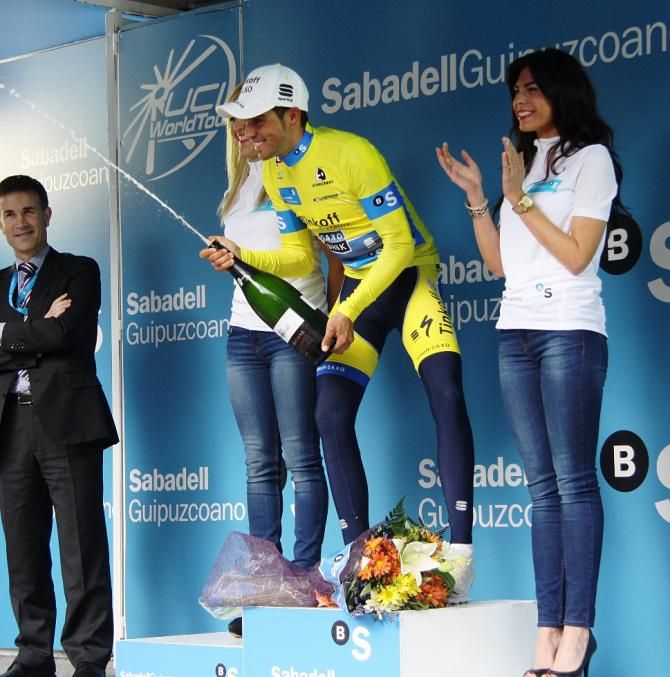 Alberto Contador celebrates another day in the lead at the Pais Vasco