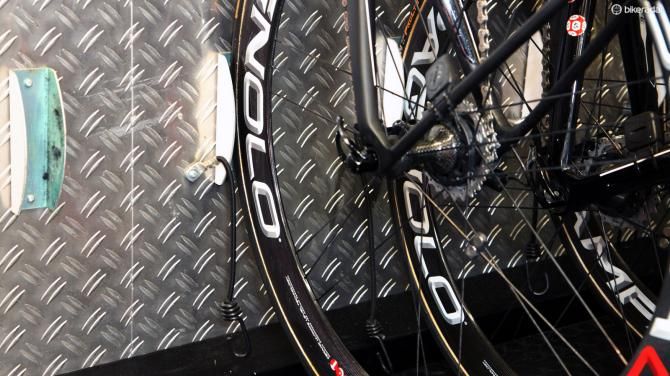 Short bungee cords help keep bikes stable inside the Lotto-Belisol truck