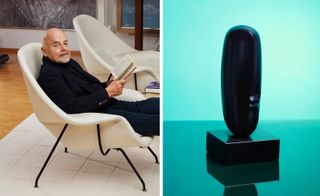 Man in chair and (right) a sculpture