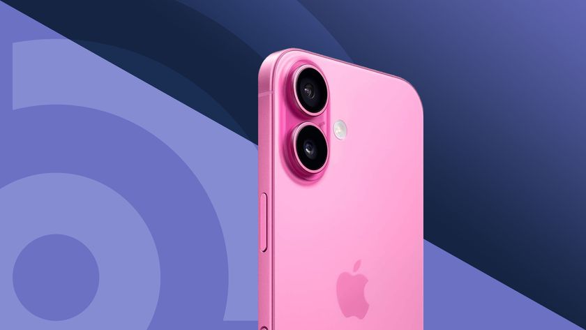 Apple iPhone 16 in pink on a purple TechRadar logo background