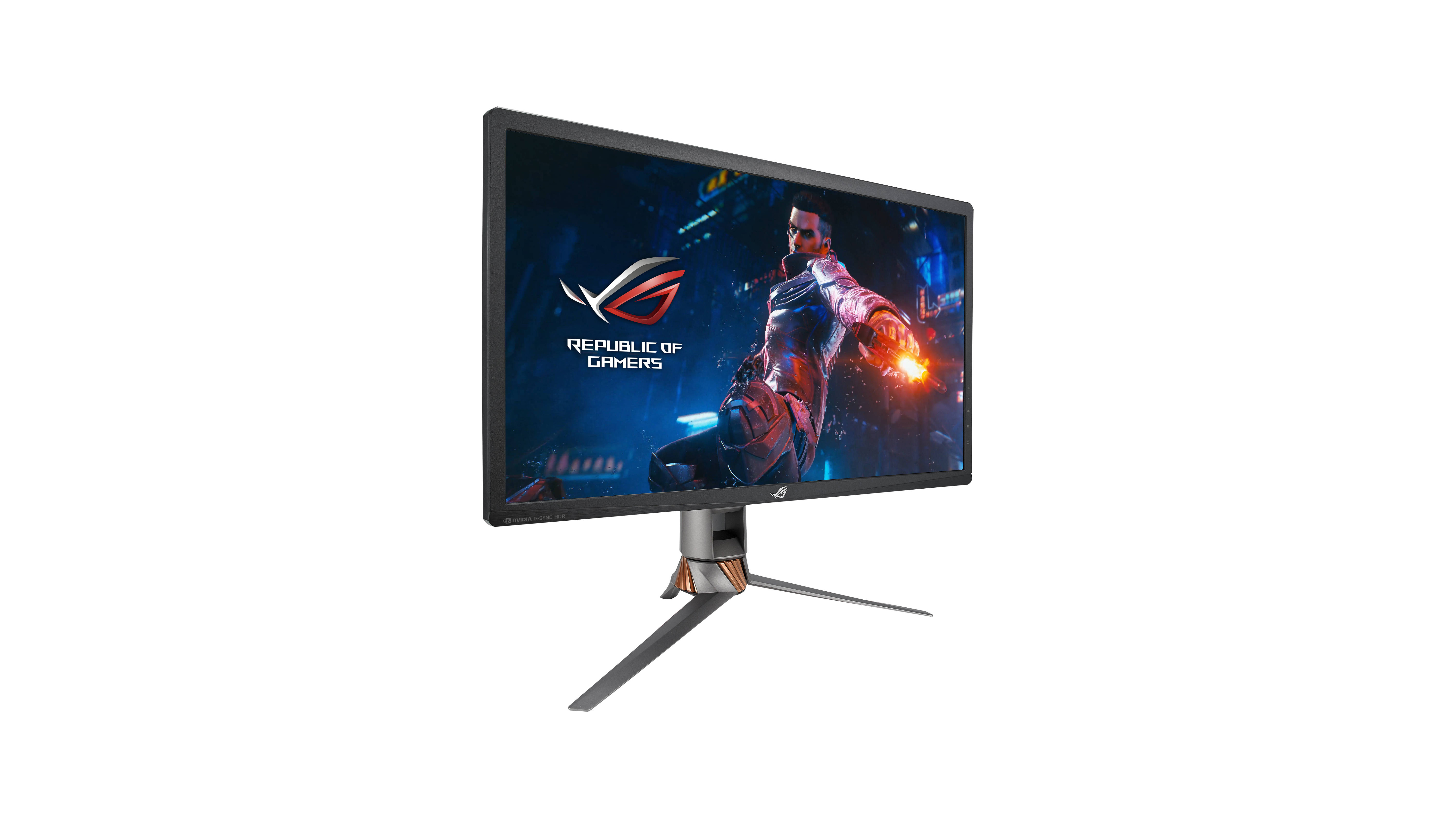Asus ROG Swift PG27UQ at an angle on a white background