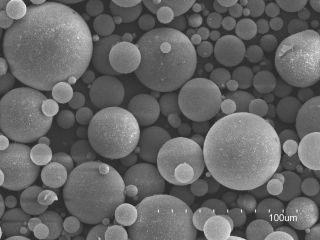A sample of tiny glass bubbles that are commonly used in making syntactic foams. The image was taken using a scanning electron microscope.