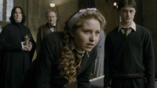 Jessie Cave as Lavender Brown, with Harry Potter, Slughorn and Snape behind her