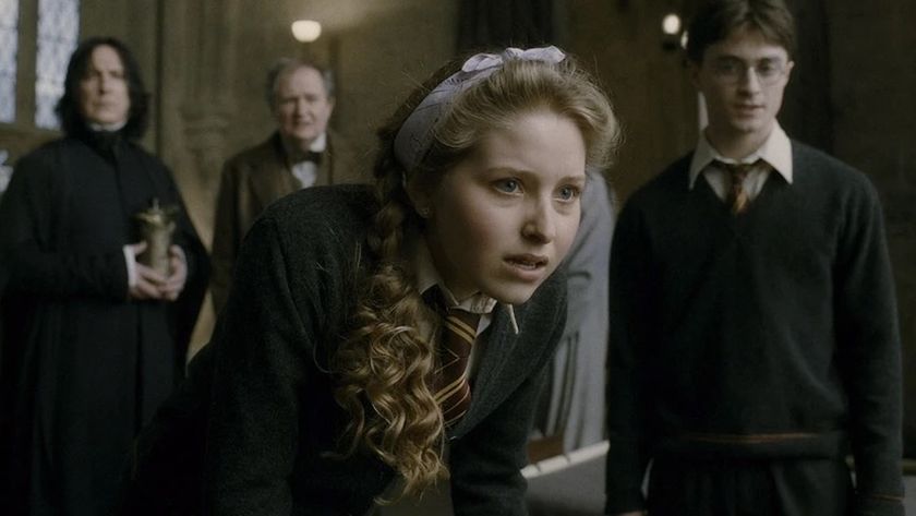 Jessie Cave as Lavender Brown, with Harry Potter, Slughorn and Snape behind her