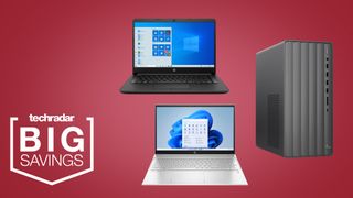 HP Memorial Day sale header with two HP laptops and one desktop on a red background