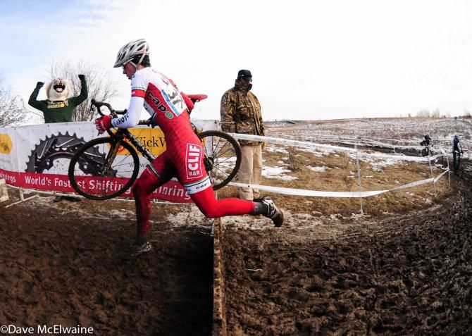 Kolby Preble (Clif Bar) sprinting over the barriers