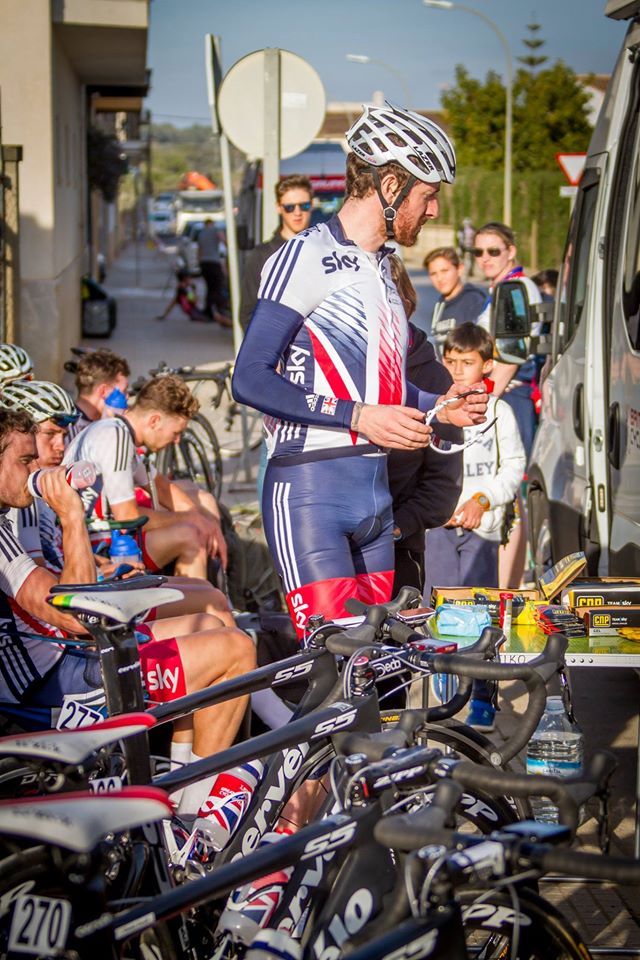 Bradley Wiggins awaits the start with his Great Britain teammates