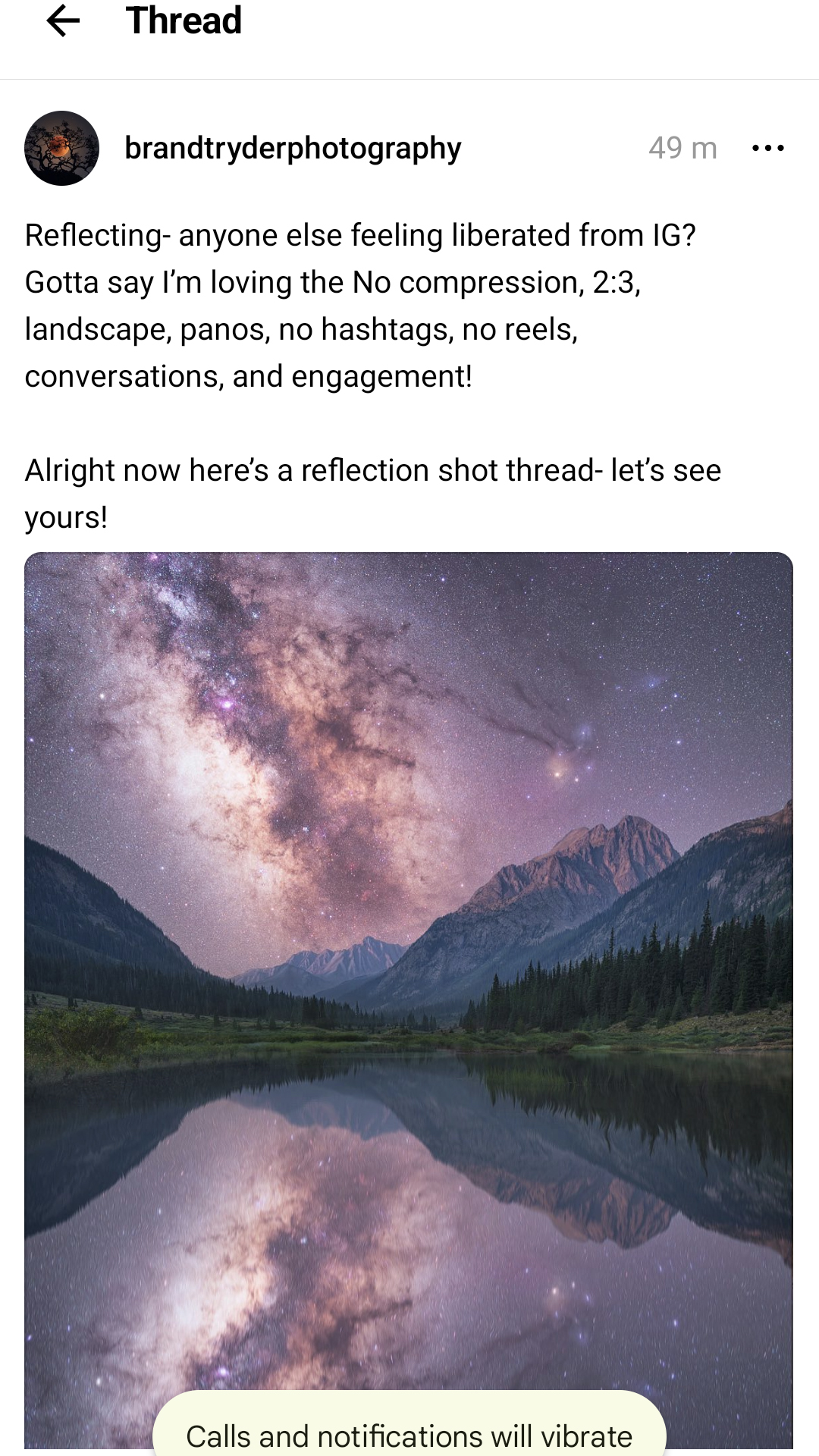 Threads app UI showing a photographer's reasons they like Threads together with portrait format milky way image