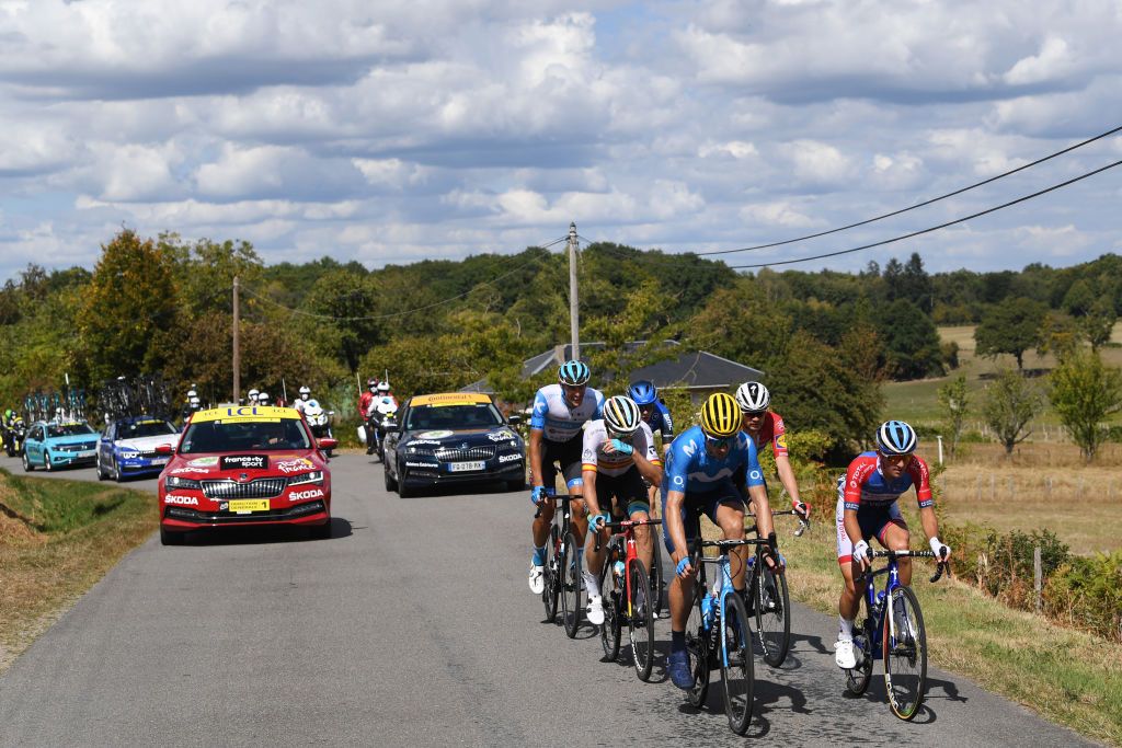 SARRAN CORRZE FRANCE SEPTEMBER 10 Imanol Erviti of Spain and Movistar Team Mathieu Burgaudeau of France and Team Total Direct Energie Luis Leon Sanchez Gil of Spain and Astana Pro Team Nils Politt of Germany and Team Israel StartUp Nation Kasper Asgreen of Denmark and Team Deceuninck QuickStep Breakaway during the 107th Tour de France 2020 Stage 12 a 218km stage from Chauvigny to Sarran Corrze 658m TDF2020 LeTour on September 10 2020 in Sarran Corrze France Photo by Tim de WaeleGetty Images