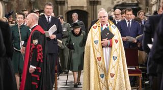 Queen Elizabeth II arrives in Westminster Abbey for the Service of Thanksgiving