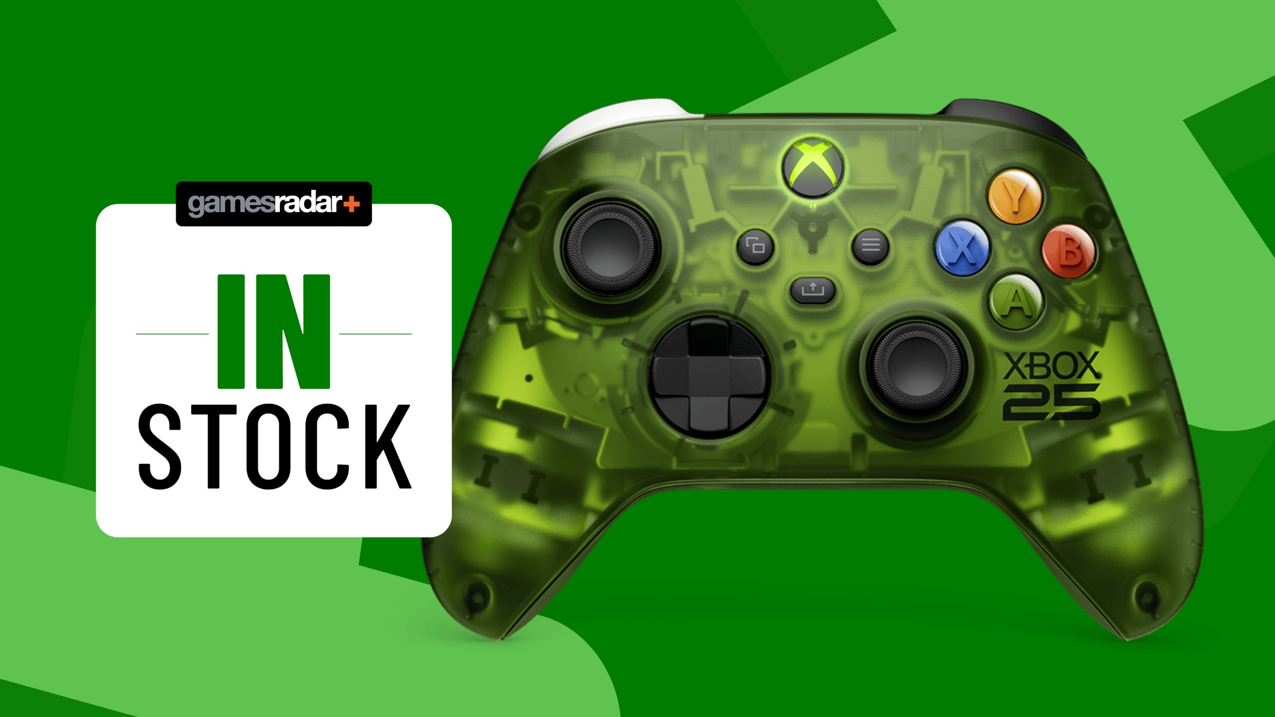 Xbox X25 controller on a green background with in stock badge