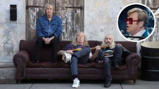 Spinal Tap seated on a sofa in the street and (inset) Elton John singing