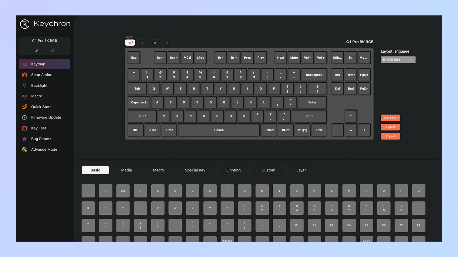 Screen from the Keychron Launcher website with customization options for the key mapping on the Keychron C1 Pro 8K.