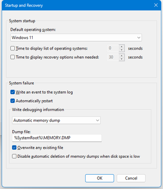 Windows 11 Startup and Recovery options in control panel
