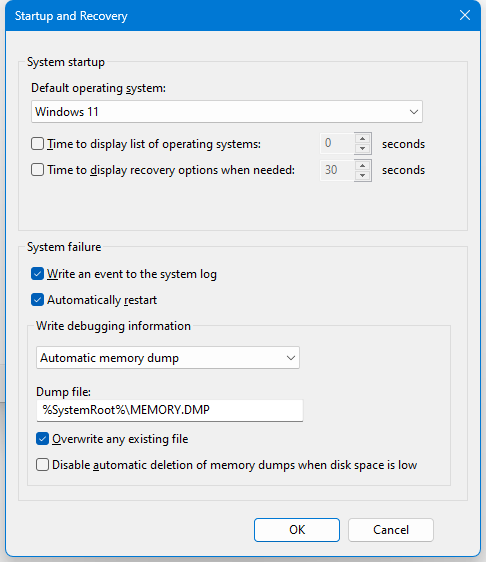 Opciones de inicio y recuperación de Windows 11 en el panel de control