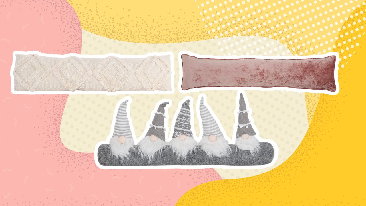 Draught excluders graphic with one white tufted excluder, one pink velevet one and a grey one with gonks