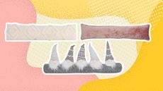Draught excluders graphic with one white tufted excluder, one pink velevet one and a grey one with gonks